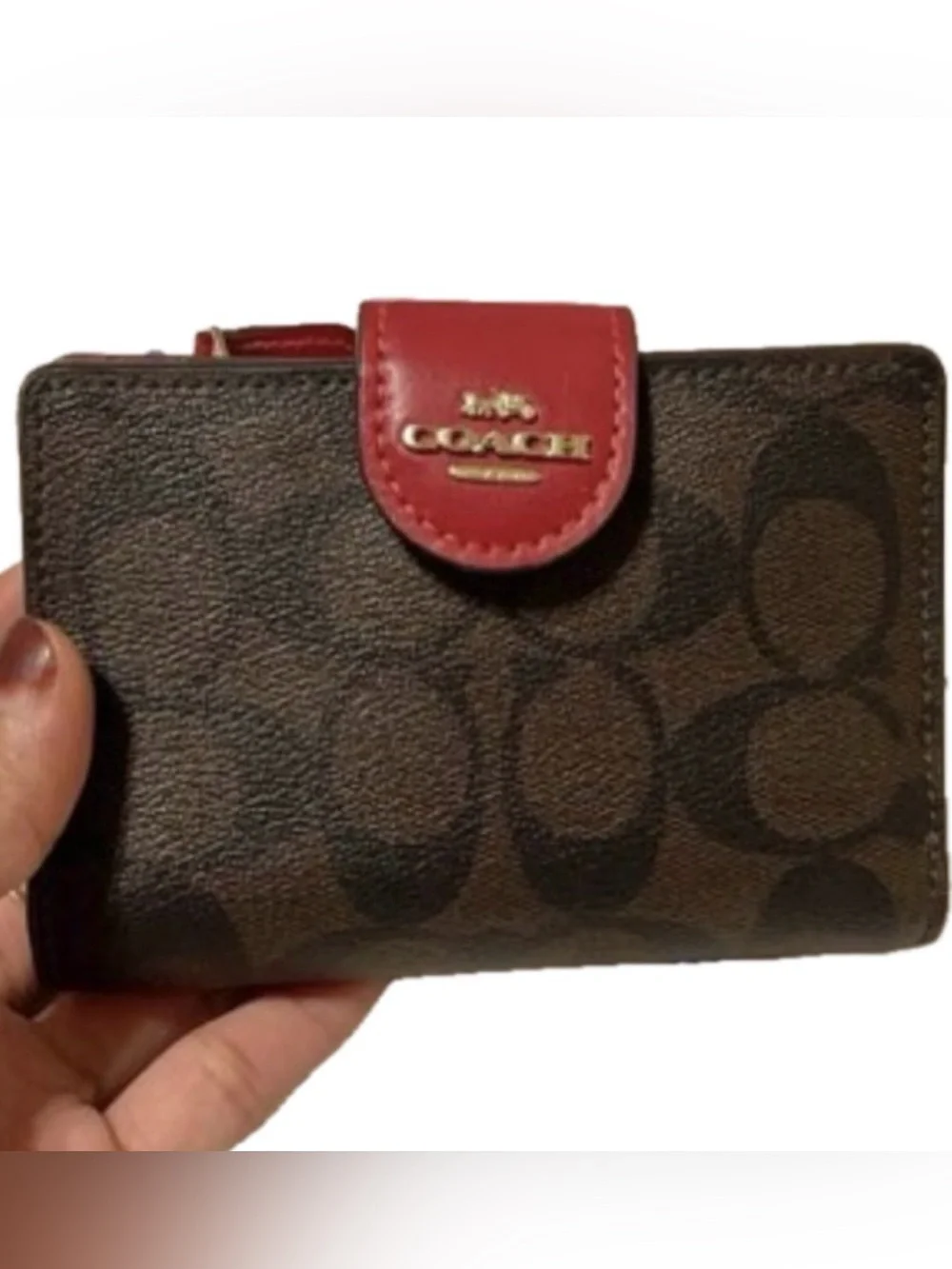 Coach Wallet Bi-Fold Signature canvas Leather L-Zip Brown Red C0082 - like New